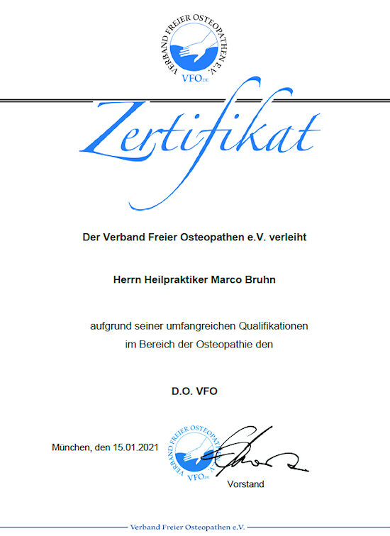 Marco Bruhn Ostheopathie D.O.VFO Zertifikat