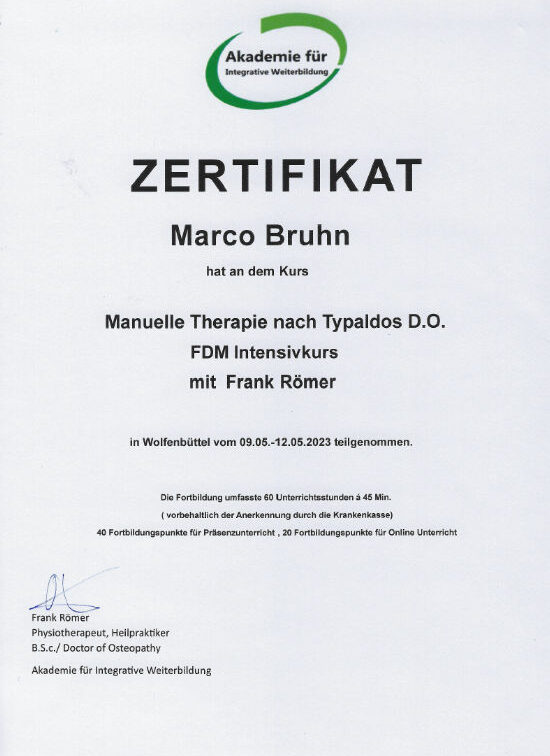 Heilpraktiker München Ost Zertifikat Manuelle Therapie nach Typaldos D.O. FDM Internsivkurs mit Frank Römer
